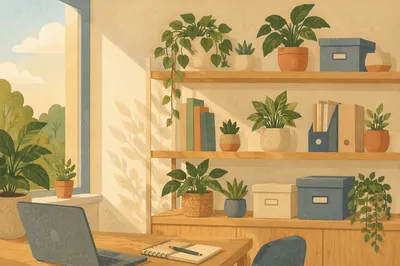 Warm Natural Light Office Plant Shelf