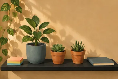 Warm Office Plants on Minimal Shelf