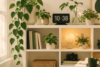 Warm Office Shelf with Lush Plants