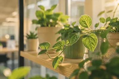 Sunlit Office Plants on Wooden Shelf