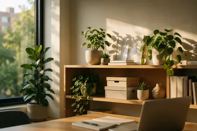 Warm Natural Light Office Plant Shelf
