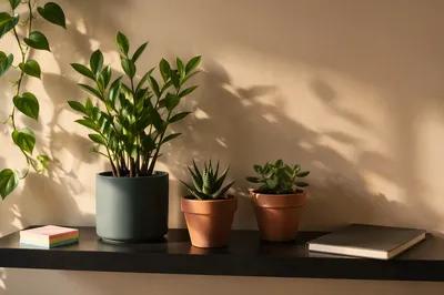 Office Plants on Shelf in Warm Light
