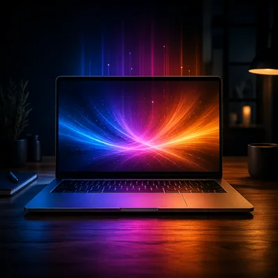 Modern Laptop Desk with Neon Reflections