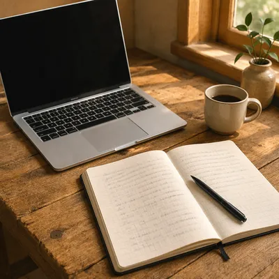 Modern Laptop Workspace on Rustic Desk