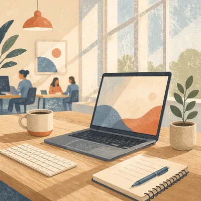 Modern Office Desk with Laptop and Coffee