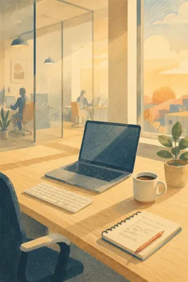 Modern Office Desk at Sunrise