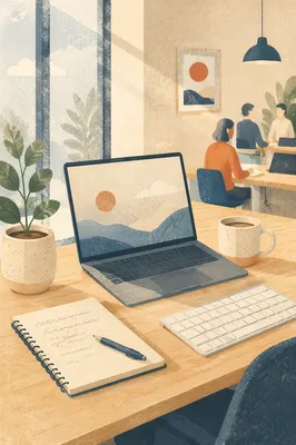 Modern Office Desk with Laptop and Coffee