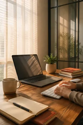 Modern Office Workspace with Laptop and Morning Light