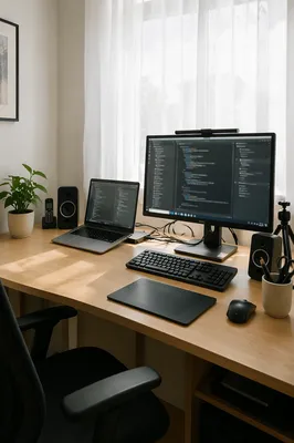 Modern Desk Workspace With Laptop and Monitor