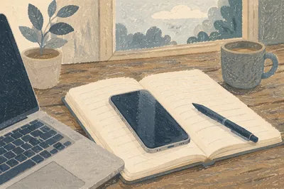 Modern Desk Workspace with Laptop and Notebook