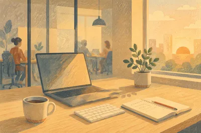 Modern Office Desk with Morning Laptop
