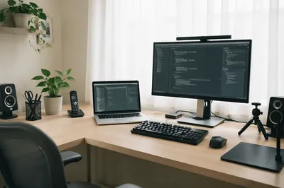 Modern Office Desk with Laptop and Monitor