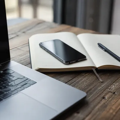 Modern Office Desk with Laptop and Notebook