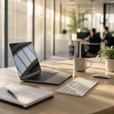 Modern Office Desk with Laptop and Coffee