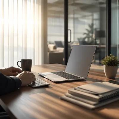 Modern Office Workspace with Laptop and Desk