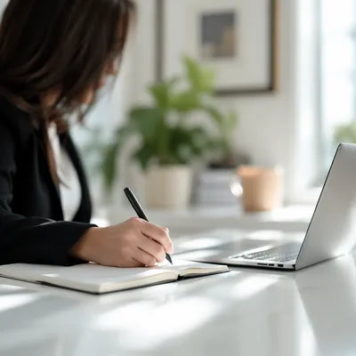 Modern Office Desk with Laptop and Notes