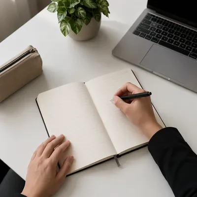 Modern Office Desk With Laptop and Notebook