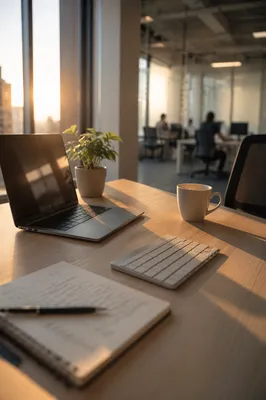 Modern Office Workspace with Laptop at Sunrise