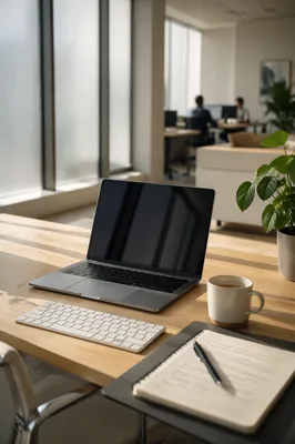 Modern Office Workspace with Laptop and Coffee