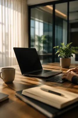 Modern Office Workspace with Laptop and Sunlight