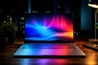 Modern Laptop Desk with Neon Reflections