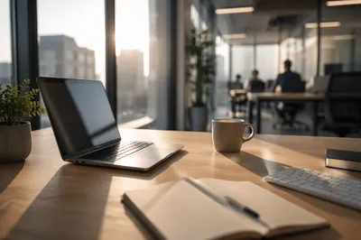 Modern Office Desk with Laptop at Sunrise
