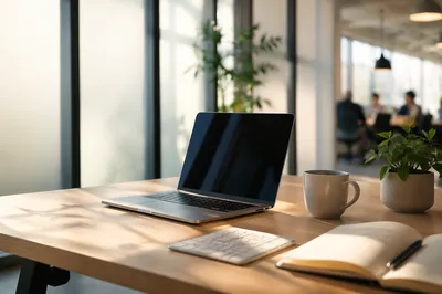 Modern Office Workspace with Laptop and Coffee