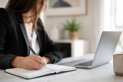 Modern Office Desk With Laptop and Notebook
