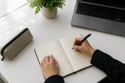 Modern Office Desk With Laptop and Notebook