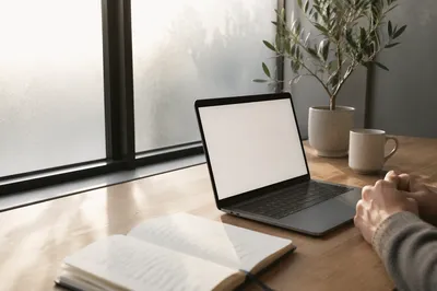 Modern Morning Office Desk With Laptop
