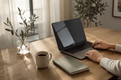 Peaceful Modern Office Desk at Sunrise