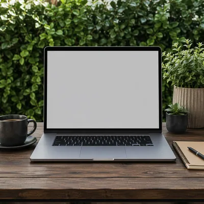 Blank Laptop Workspace on Garden Patio
