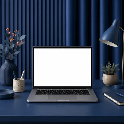 Blue Office Laptop Screen Mockup Workspace