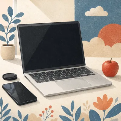 Blank Laptop Workspace Mockup With Red Apple