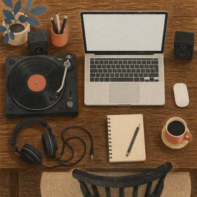 Blank Laptop Workspace with Vinyl Turntable