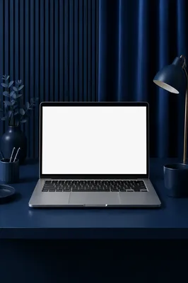 Blank Laptop Mockup on Blue Office Desk