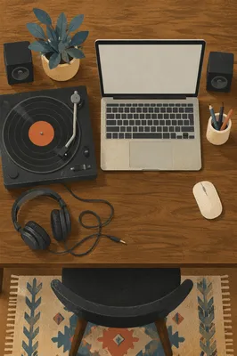 Blank Laptop Mockup on Creative Walnut Workspace