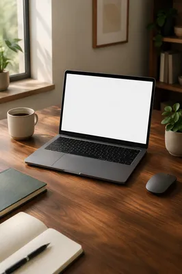 Open Laptop Mockup on Walnut Desk
