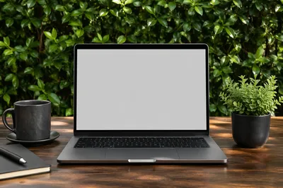Blank Laptop Workspace on Garden Patio
