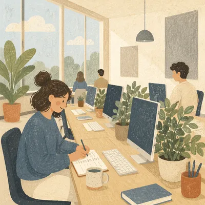 Modern Open Office Desk with Plants