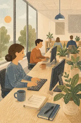 Modern Open Office Desk with Plants