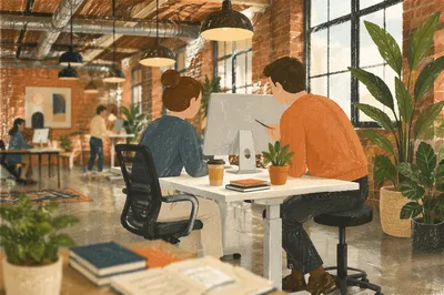 Modern Open Office Desk with Green Plants