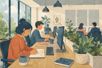 Modern Open Office Desk with Plants
