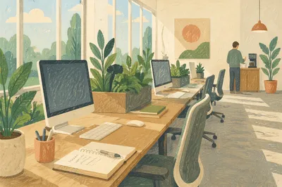 Modern Open Office Desk With Plants