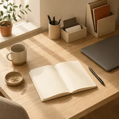 Minimal Organized Desk with Notebook and Pen