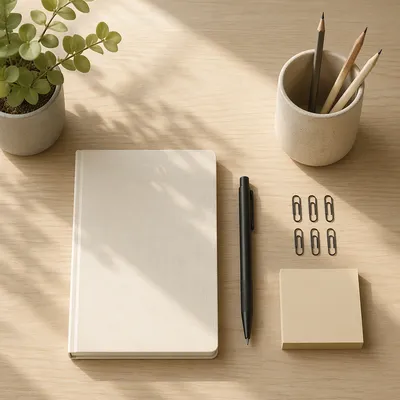 Minimal Organized Desk with Notebook and Pen