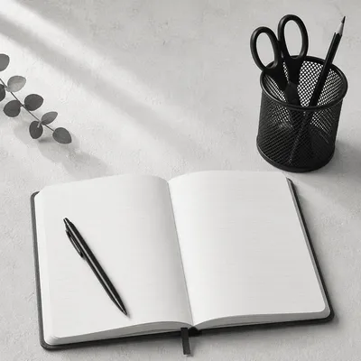 Minimal Organized Desk Workspace with Notebook