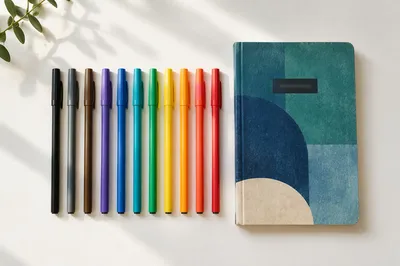 Minimal Desk Notebook and Colorful Pens