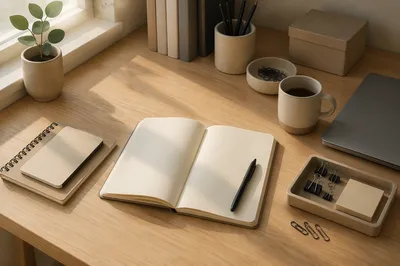 Minimal Organized Desk with Notebook and Pen
