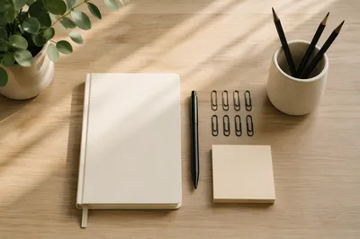 Minimal Business Desk with Notebook and Pen
